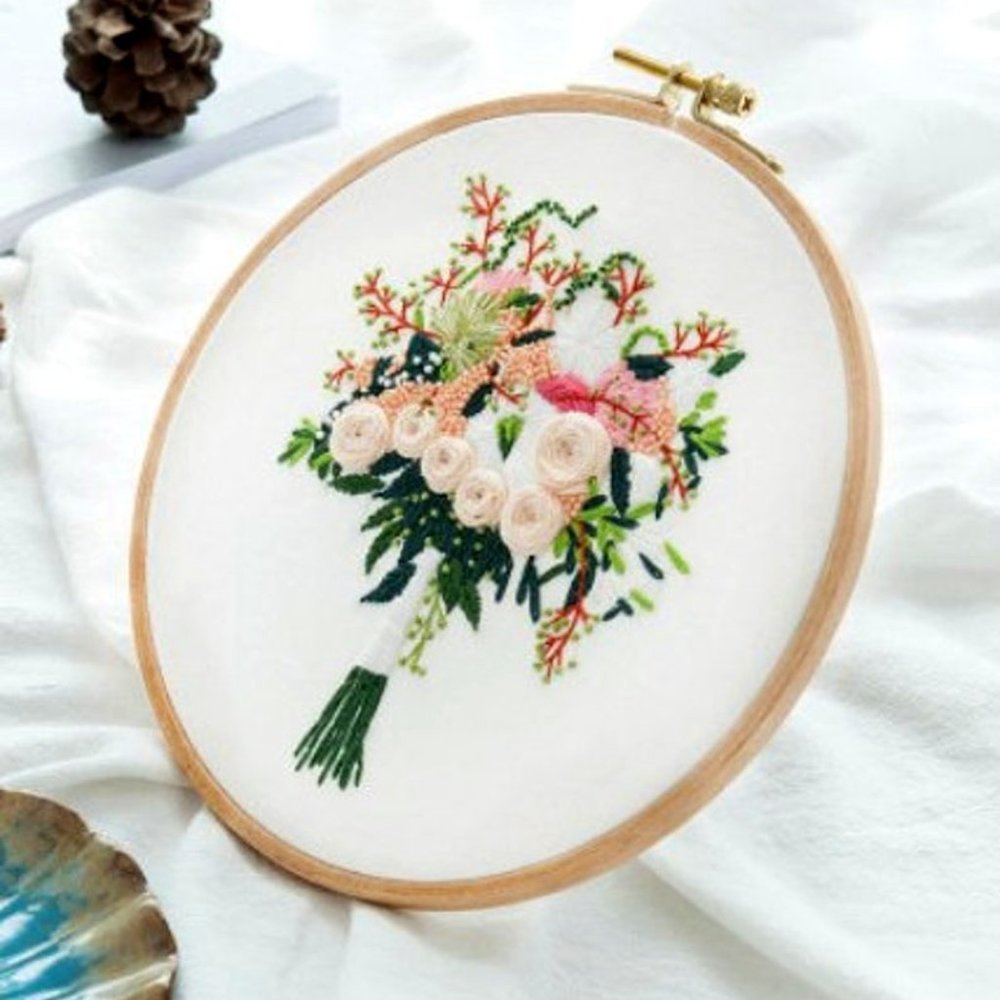 Christmas Flowers Bouquet Embroidery Kit, Beginner Floral Embroidery Craft Kit